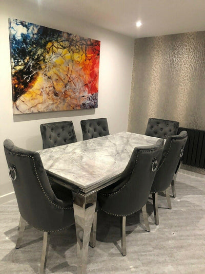 Louis 120cm Grey Marble Dining Table + Knightsbridge Dark Grey Knocker Plush Velvet Chairs