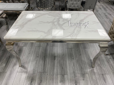 Louis 150cm White Marble Dining Table + 4 Grey Lion Knocker Quilted Back Chairs + 110cm Bench-Esme Furnishings