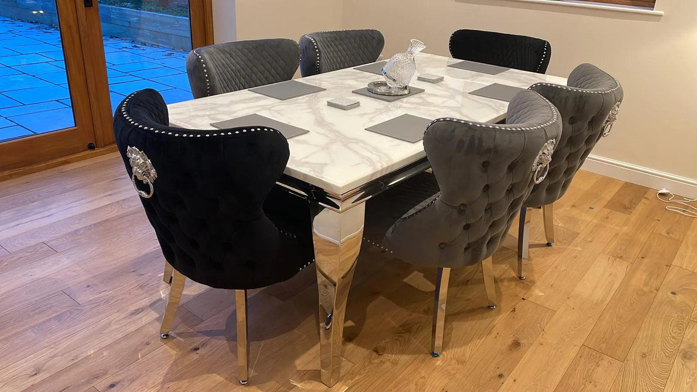 Louis 150cm Grey Marble Dining Table + Valentino Lion Knocker Velvet Chairs-Esme Furnishings