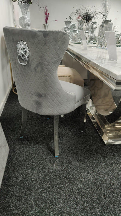 Louis 180cm Grey Marble Dining Table + Mayfair Lion Knocker Plush Velvet Chairs-Esme Furnishings