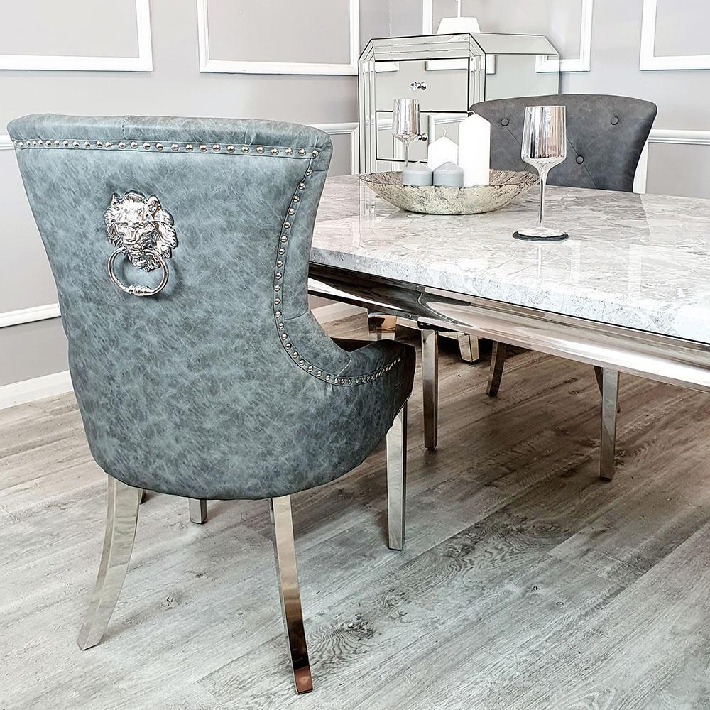 Louis 200cm Grey Marble Dining Table + 4 Dark Grey Lion PU Leather Knocker Chairs + 130cm PU Leather Bench-Esme Furnishings
