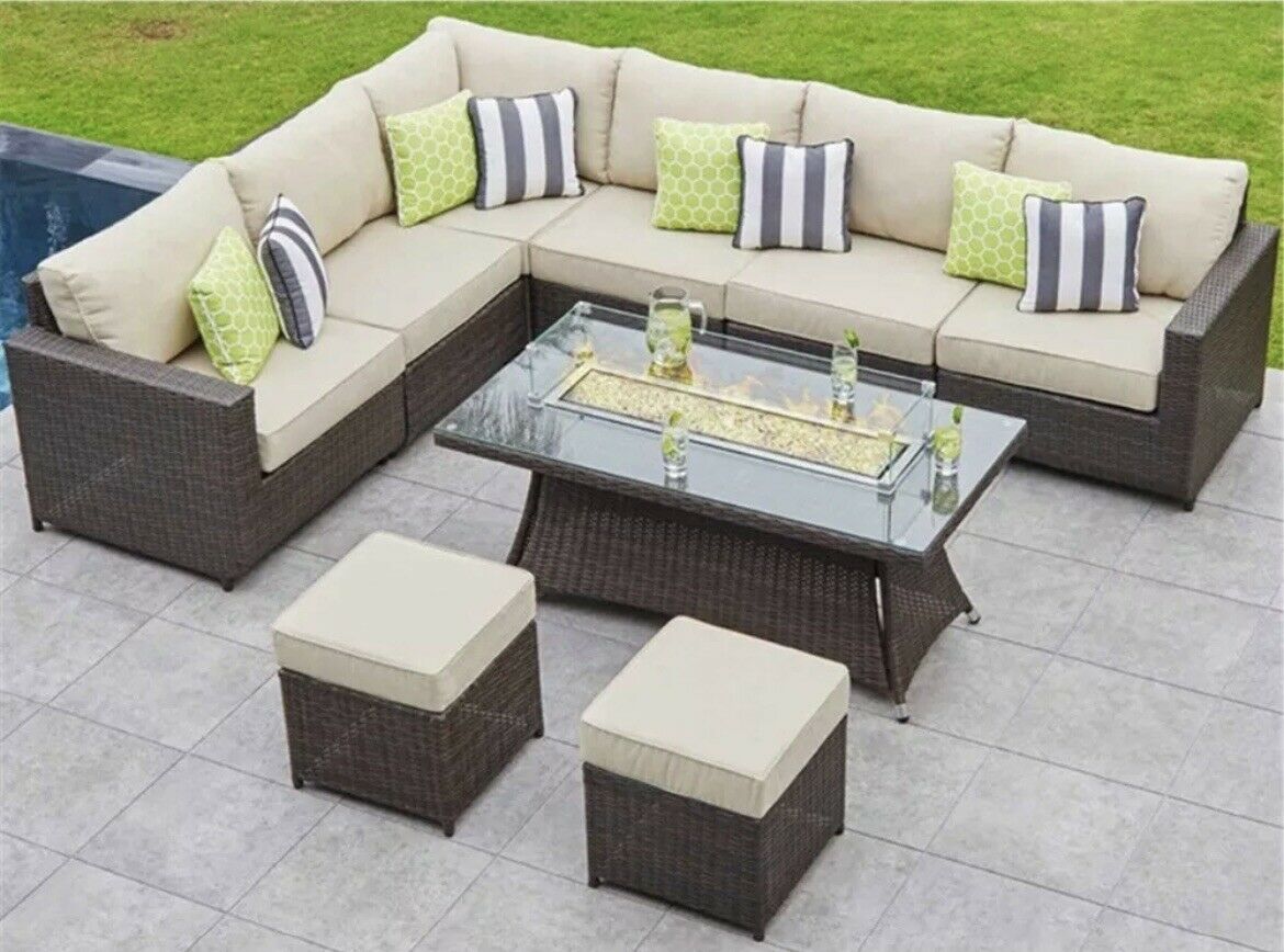 Corner Outdoor Garden Furniture Set With Gas Fire Pit Table Dining-Esme Furnishings