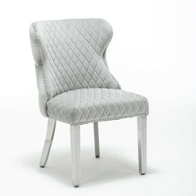 Arianna 180cm Grey Marble Dining Table + Light Grey Button Lion Knocker Velvet Chairs-Esme Furnishings