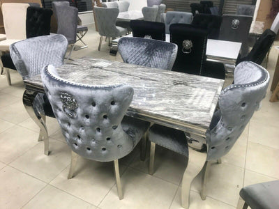 Louis 160cm Grey Marble Dining Table + Valente Dark Grey Lion Knocker Velvet Chairs-Esme Furnishings