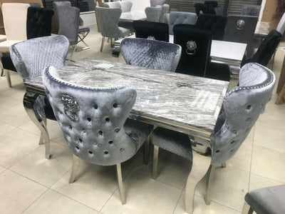 Louis 150cm Grey Marble Dining Table + Valente Dark Grey Lion Knocker Velvet Chairs-Esme Furnishings