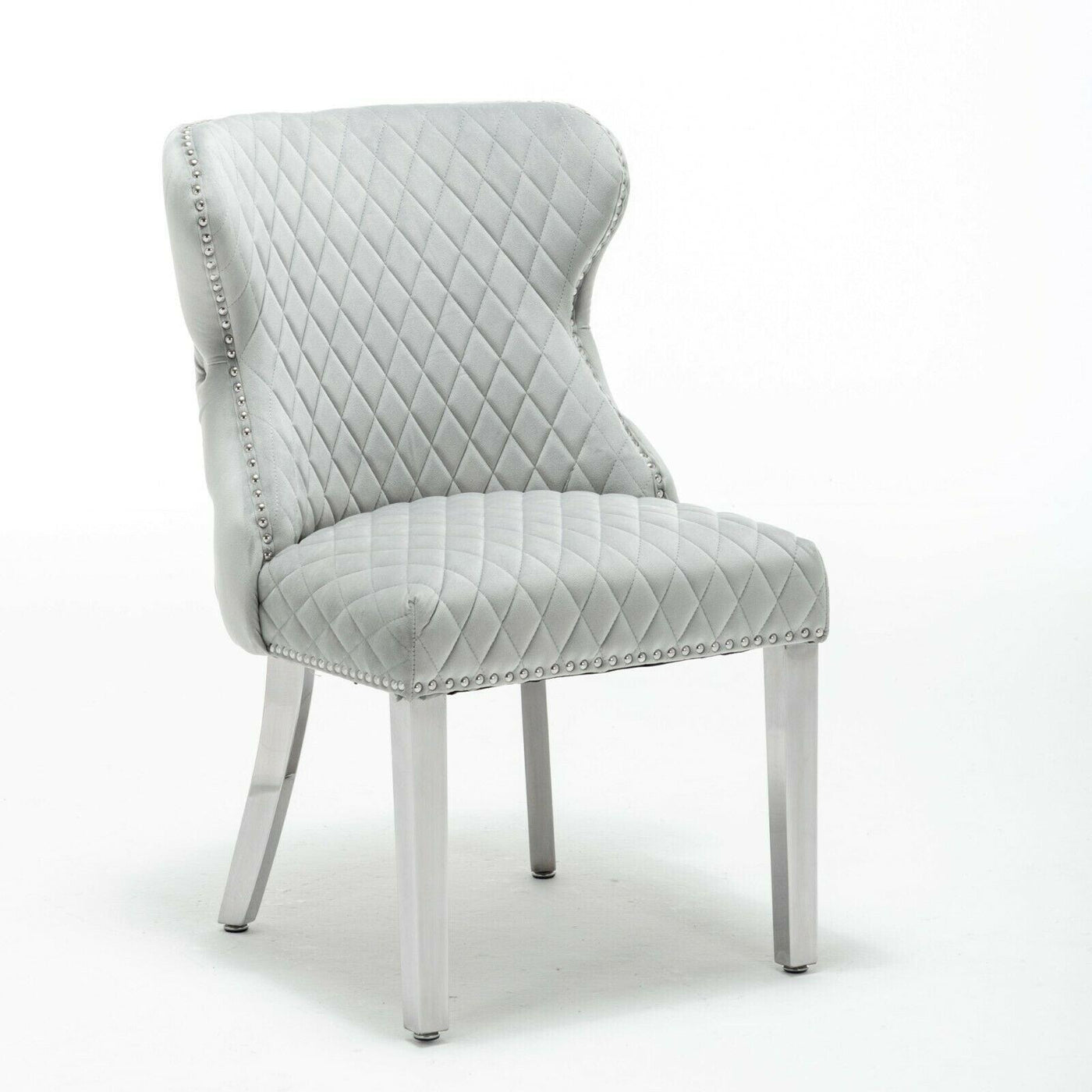 Arianna 200cm Grey Marble Dining Table + Light Grey Button Lion Knocker Velvet Chairs-Esme Furnishings