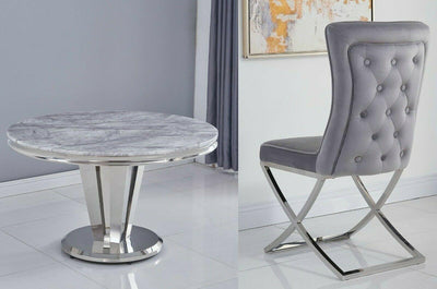 Riccardo Grey Marble 130CM Dining Table + Belgravia Button Back Dining Chairs-Esme Furnishings