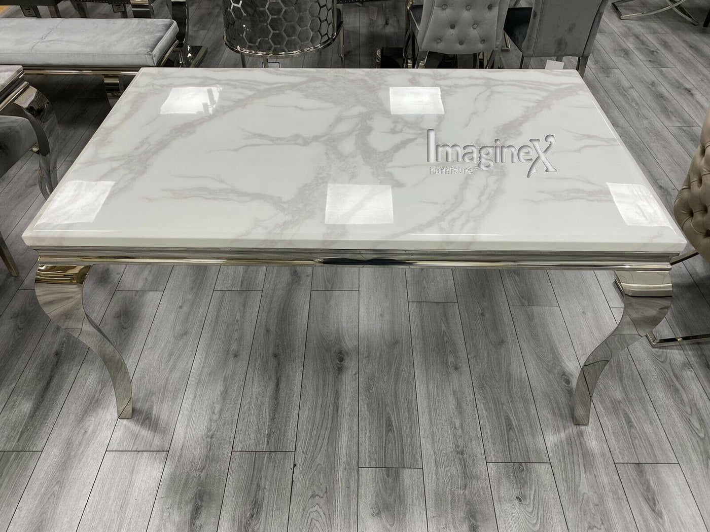 Louis 150cm White Marble Dining Table + Grey Chrome Ring Knocker Faux Leather Chairs-Esme Furnishings
