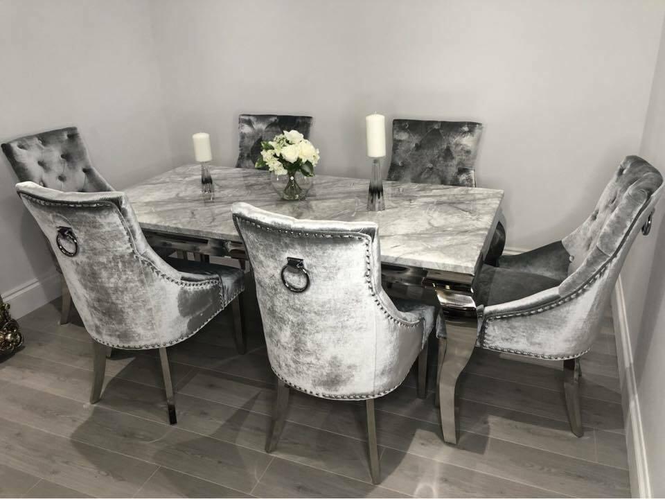 Louis 180cm Grey Marble Dining Table + Belle Plush Velvet Chairs-Esme Furnishings