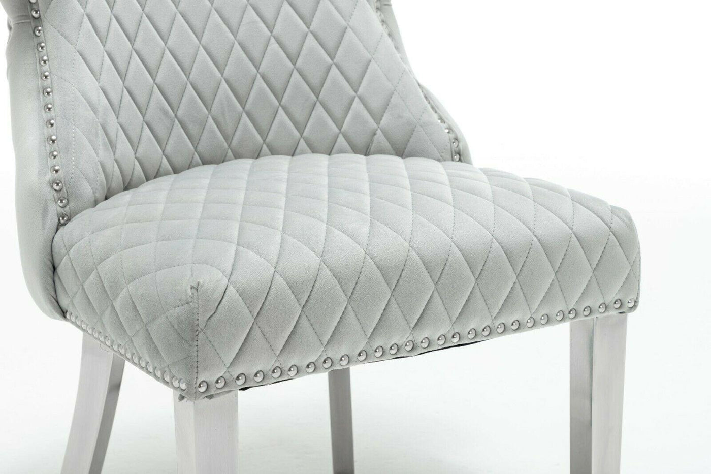 Arianna 180cm White Marble Dining Table + Light Grey Button Lion Knocker Velvet Chairs-Esme Furnishings