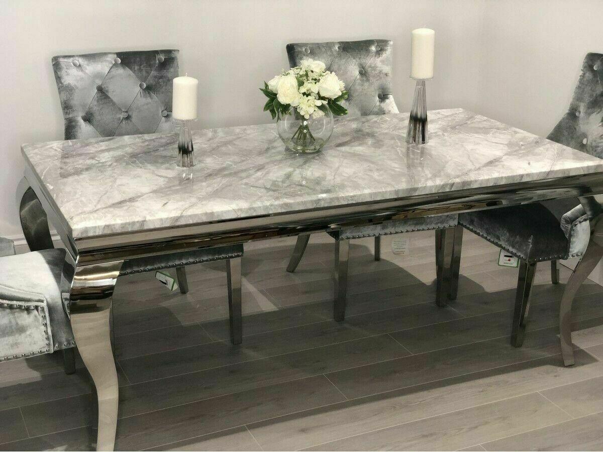 Louis 120cm Grey Marble Dining Table + 4 Silver Grey Velvet Knocker Chairs + 110cm Bench-Esme Furnishings