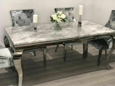 Louis 180cm White Marble Dining Table + 5 Grey Lion Knocker Chairs + 130cm Bench-Esme Furnishings