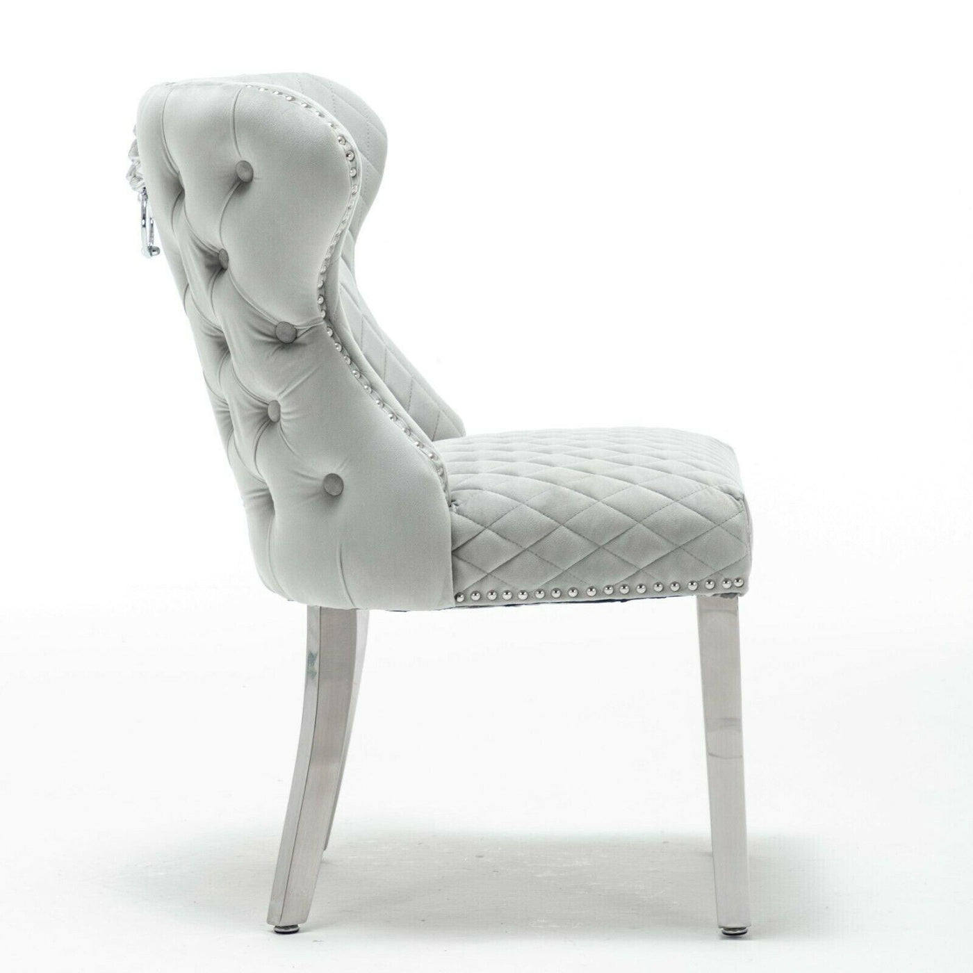 Arianna 200cm Grey Marble Dining Table + Light Grey Button Lion Knocker Velvet Chairs-Esme Furnishings