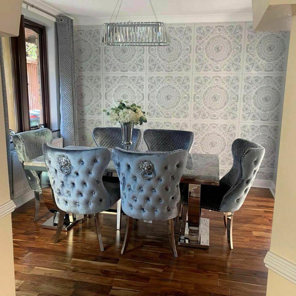 Arianna Grey Marble 180CM Dining Table + Valente Dark Grey Lion Velvet Chairs-Esme Furnishings