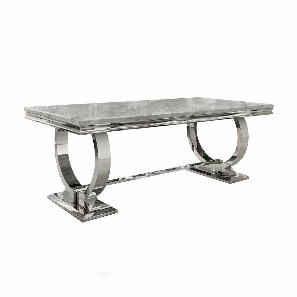 Arianna 200cm Grey Marble Dining Table + Grey Chrome Ring Knocker Faux Leather Chairs-Esme Furnishings