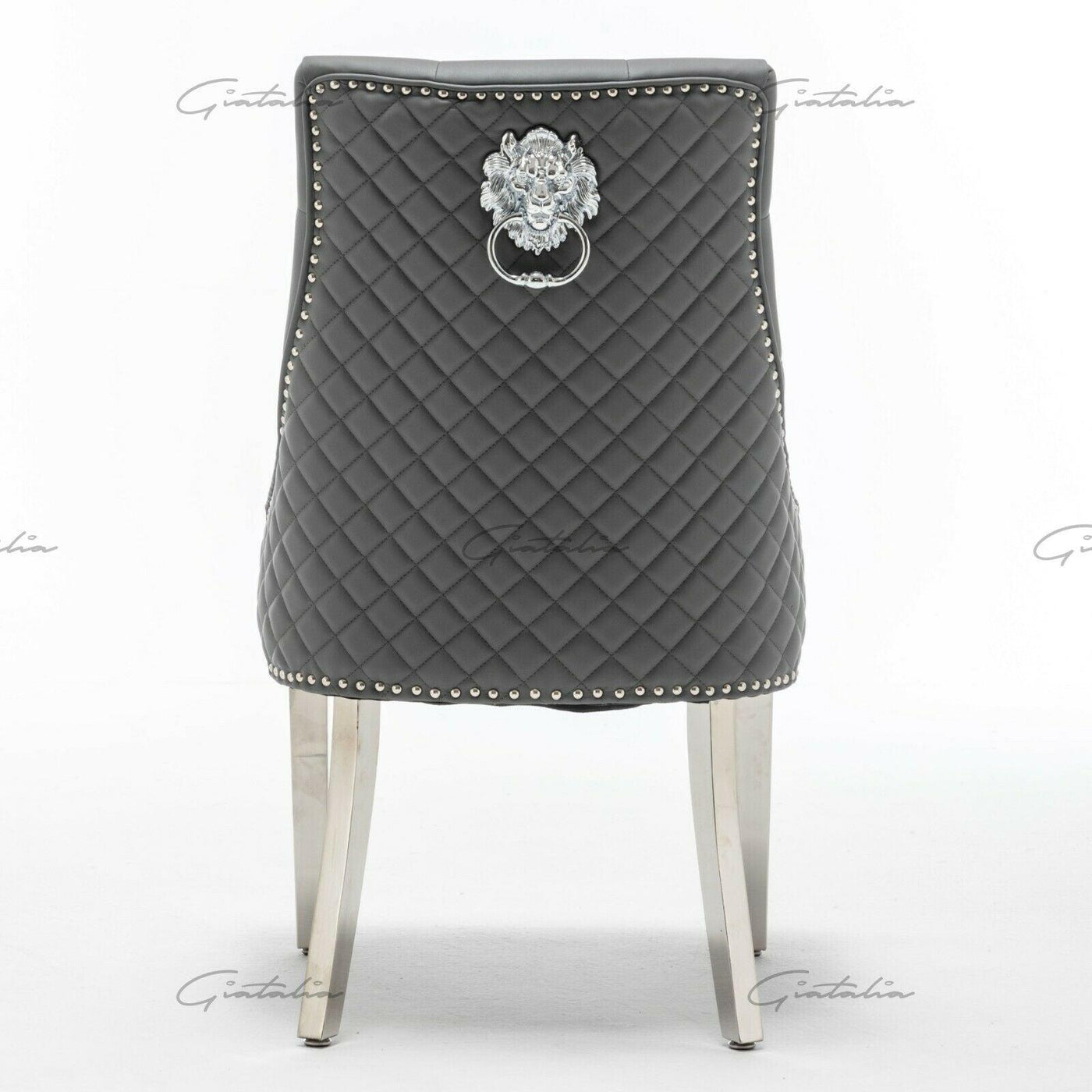Louis 180cm Grey Marble Dining Table + Grey Lion Knocker Faux Leather Chairs-Esme Furnishings