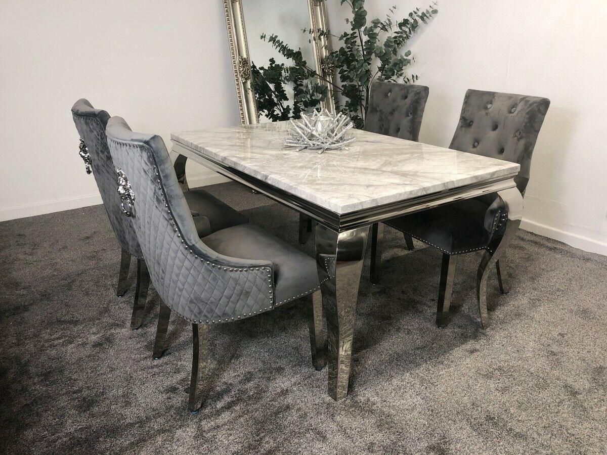 Louis 200cm White Marble Dining Table + Grey Lion Knocker Plush Velvet Chairs-Esme Furnishings