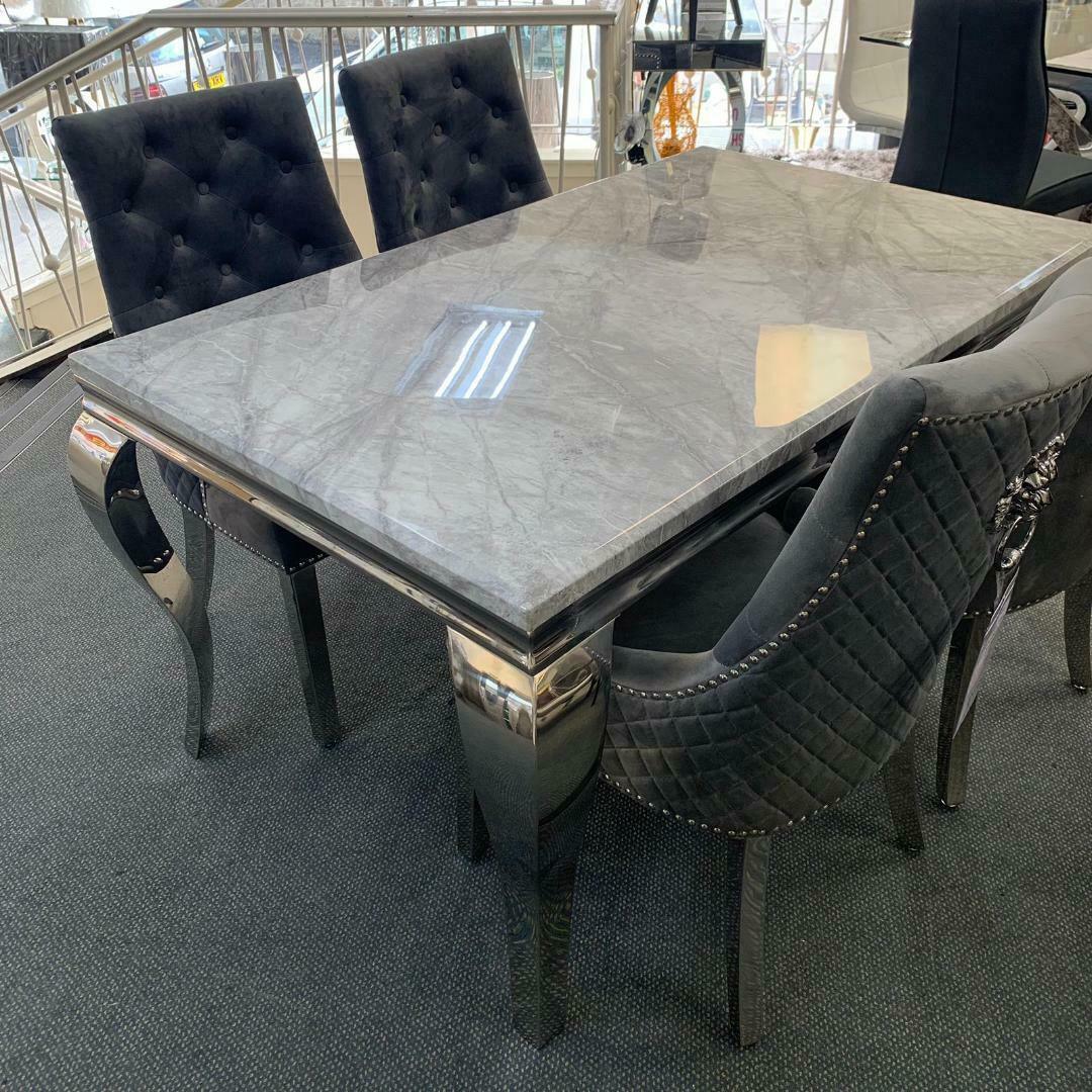 Louis 180cm Grey Marble Dining Table + Dark Grey Lion Knocker Plush Velvet Chairs-Esme Furnishings