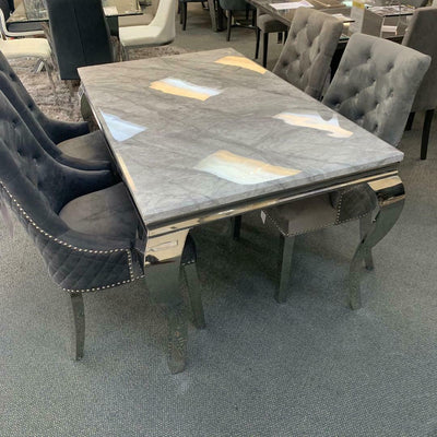 Louis 150cm Grey Marble Dining Table + Grey Lion Knocker Plush Velvet Chairs-Esme Furnishings