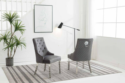 Louis 120cm Grey Marble Dining Table + Grey Lion Knocker Plush Velvet Chairs-Esme Furnishings