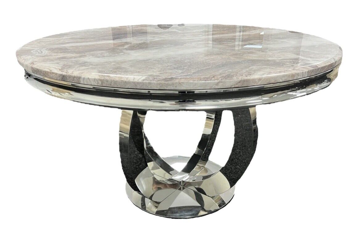 Chelsea 130cm Beige Marble Round Dining Table + Belle Champagne Dining Chairs-Esme Furnishings