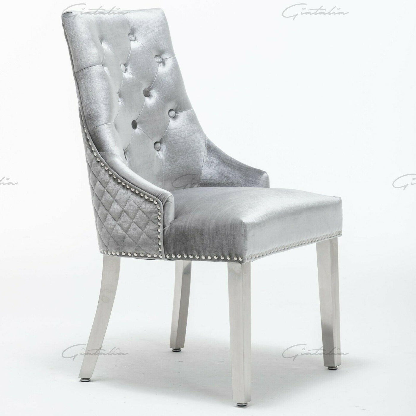Riccardo Grey Marble 130cm Round Dining Table + Silver Grey Shimmer Velvet Lion Knocker Dining Chairs-Esme Furnishings