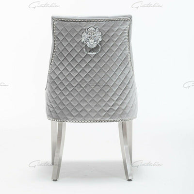 Riccardo Grey Marble 130cm Round Dining Table + Silver Grey Shimmer Velvet Lion Knocker Dining Chairs-Esme Furnishings