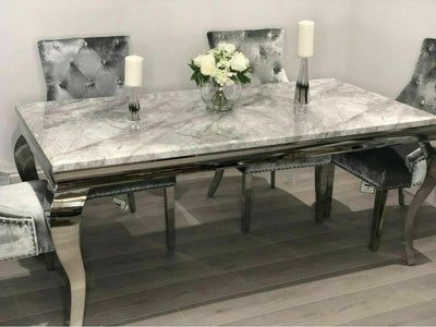 Louis 150cm Grey Marble Dining Table + Dark Grey Chrome Ring Knocker Plush Velvet Chairs-Esme Furnishings