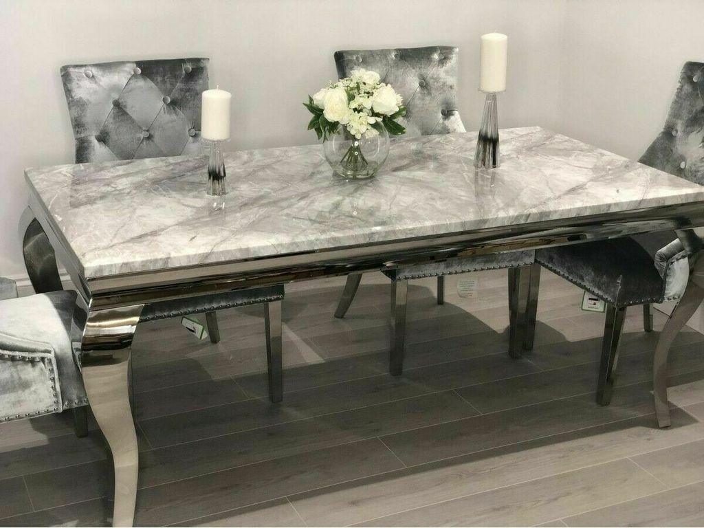 Louis 180cm Grey Marble Dining Table + Belgravia Dark Grey Plush Velvet Button Dining Chairs-Esme Furnishings