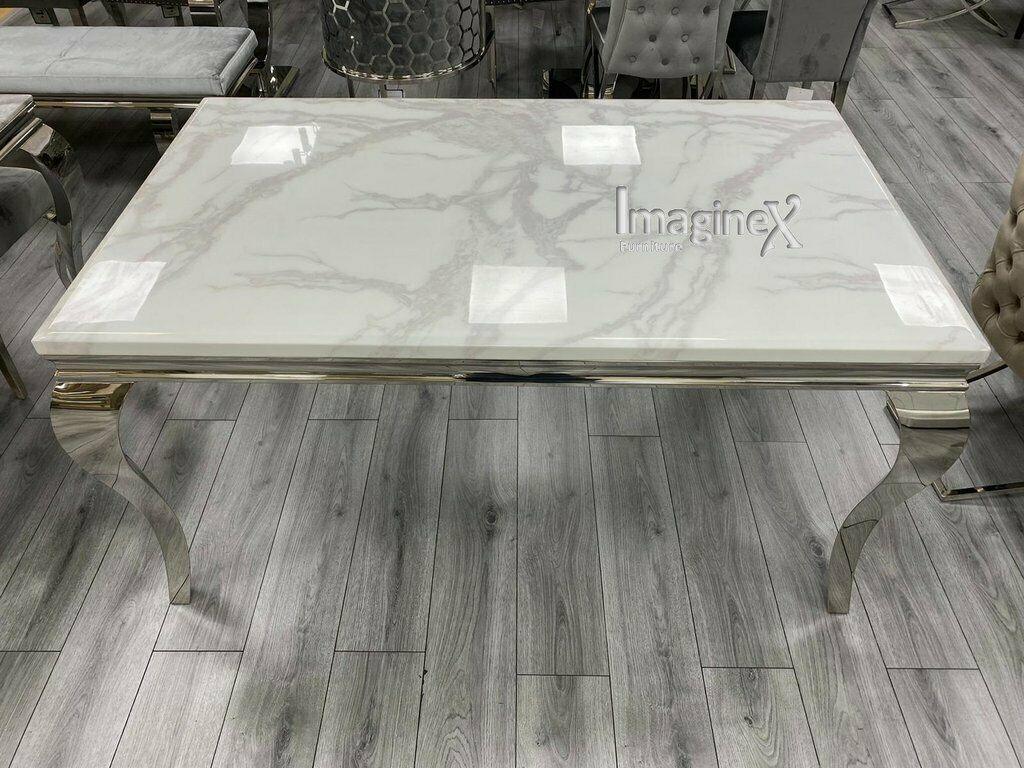 Louis White Marble 200CM Dining Table + Valente Dark Grey Lion Velvet Chairs-Esme Furnishings