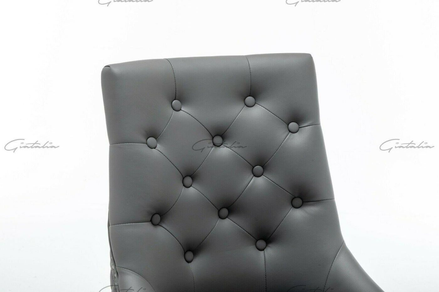 Weston Grey PU Dining Chair Faux Leather Round Ring Knocker Chrome-Esme Furnishings