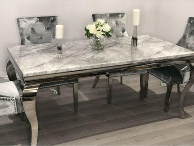 Louis 160cm Grey Marble Dining Table + Knightsbridge Dark Grey Knocker Plush Velvet Chairs-Esme Furnishings