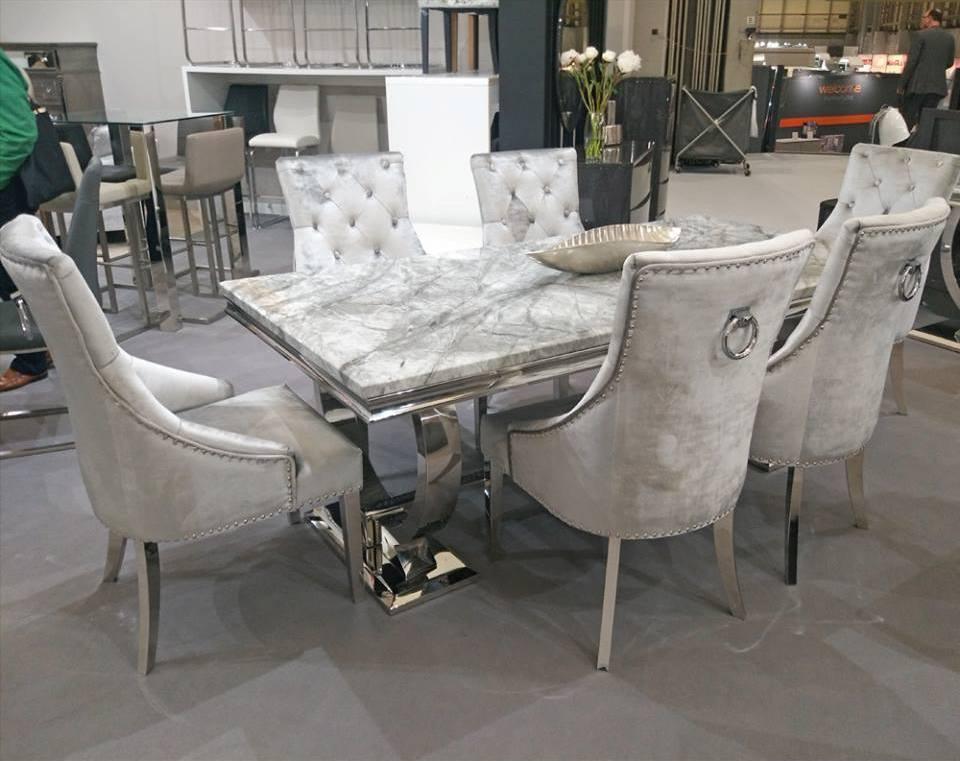 Arianna 200cm Grey Marble Dining Table + Belle Pewter Velvet Chairs-Esme Furnishings