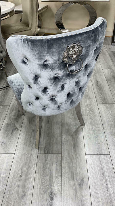 Louis 130cm Grey Marble Round Dining Table + Valente Grey Lion Button Chairs-Esme Furnishings
