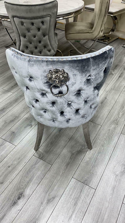Louis 130cm Grey Marble Round Dining Table + Valente Grey Lion Button Chairs-Esme Furnishings