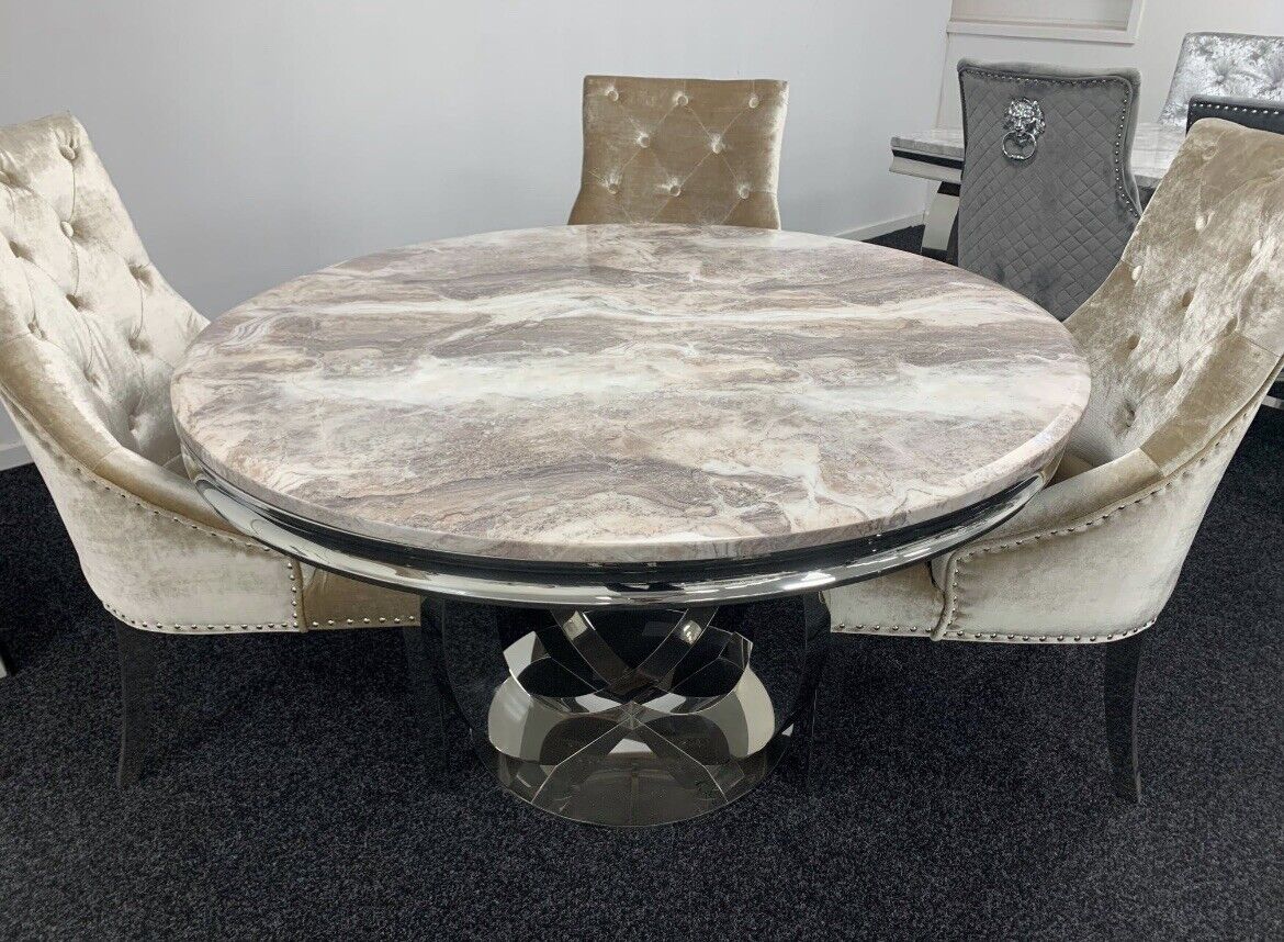 Chelsea 130cm Beige Marble Round Dining Table + Belle Champagne Dining Chairs-Esme Furnishings
