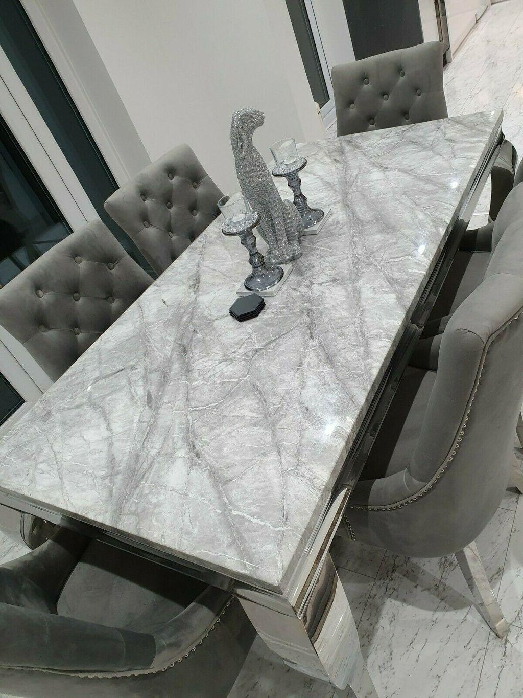 Louis 120cm Grey Marble Dining Table + Belgravia Light Grey Plush Velvet Button Dining Chairs-Esme Furnishings