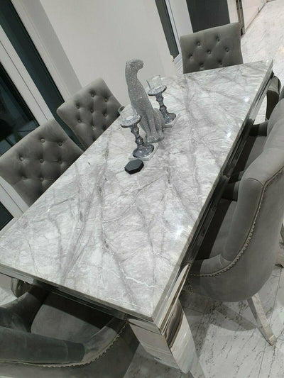 Louis 150cm Grey Marble Dining Table + 4 Silver Grey Lion Knocker Chairs + 110cm Bench-Esme Furnishings