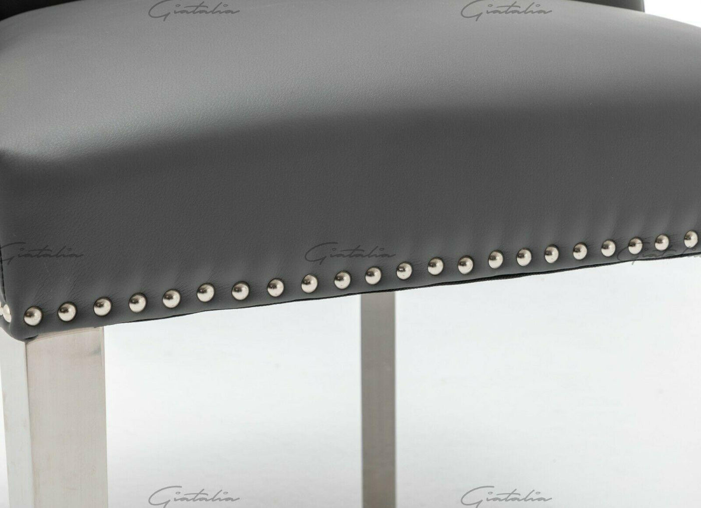 Weston Grey PU Dining Chair Faux Leather Round Ring Knocker Chrome-Esme Furnishings