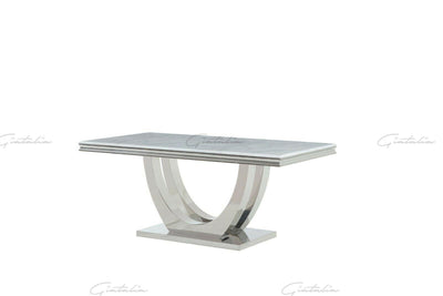 Vivo 180cm White Marble Dining Table + Grey Lion Knocker Faux Leather Chairs-Esme Furnishings