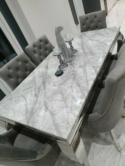 Louis White Marble 150CM Dining Table + Valente Grey Lion Chairs, Bench Option-Esme Furnishings