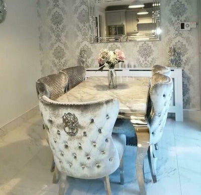 Louis White Marble 150CM Dining Table + Valente Grey Lion Chairs, Bench Option-Esme Furnishings