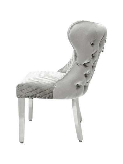 Valentino Light Grey Quilted Plush Velvet Chrome Leg Lion Knockerback Dining Chair