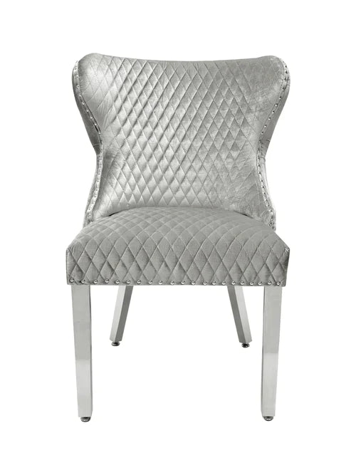 Valentino Light Grey Quilted Plush Velvet Chrome Leg Lion Knockerback Dining Chair